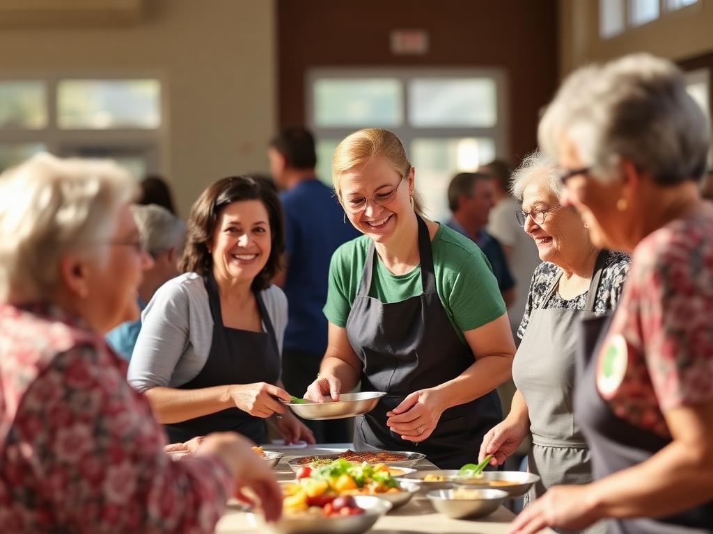 Volunteers serving meals at a community lunch